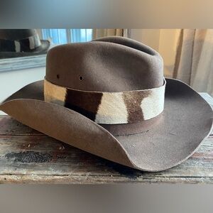 Vintage Hunter Velour Western Cowboy Hat Brown Felt Cowhide Band Ranch Rodeo